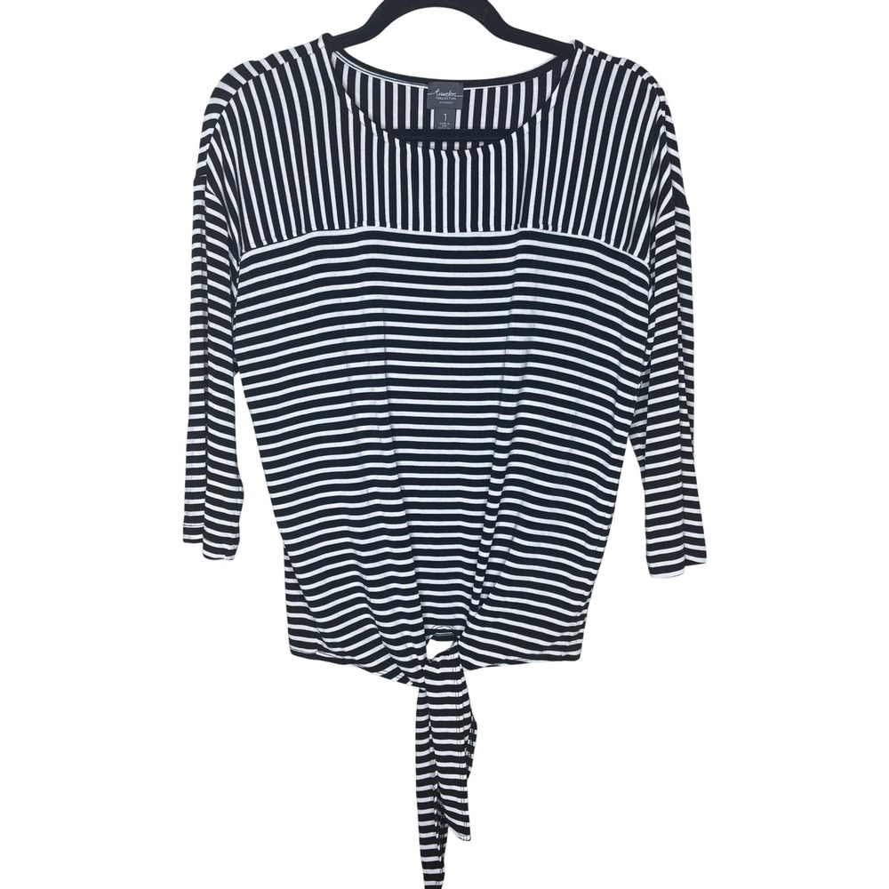 Chico's Travelers Collection Striped 3/4 Sleeve Tie Front Top Black White Size 1